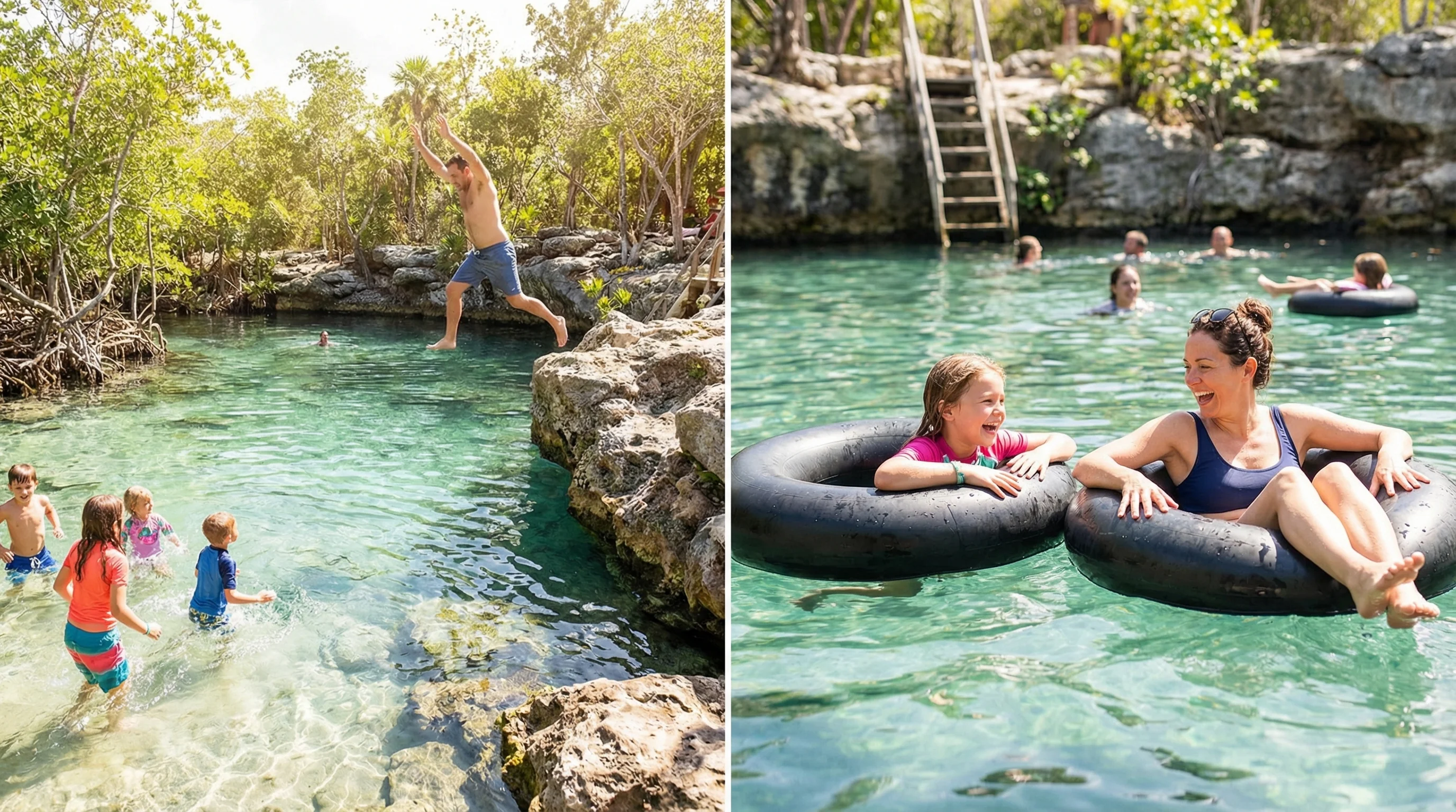 Families enjoying the shallow blue waters of Cenote Azul
