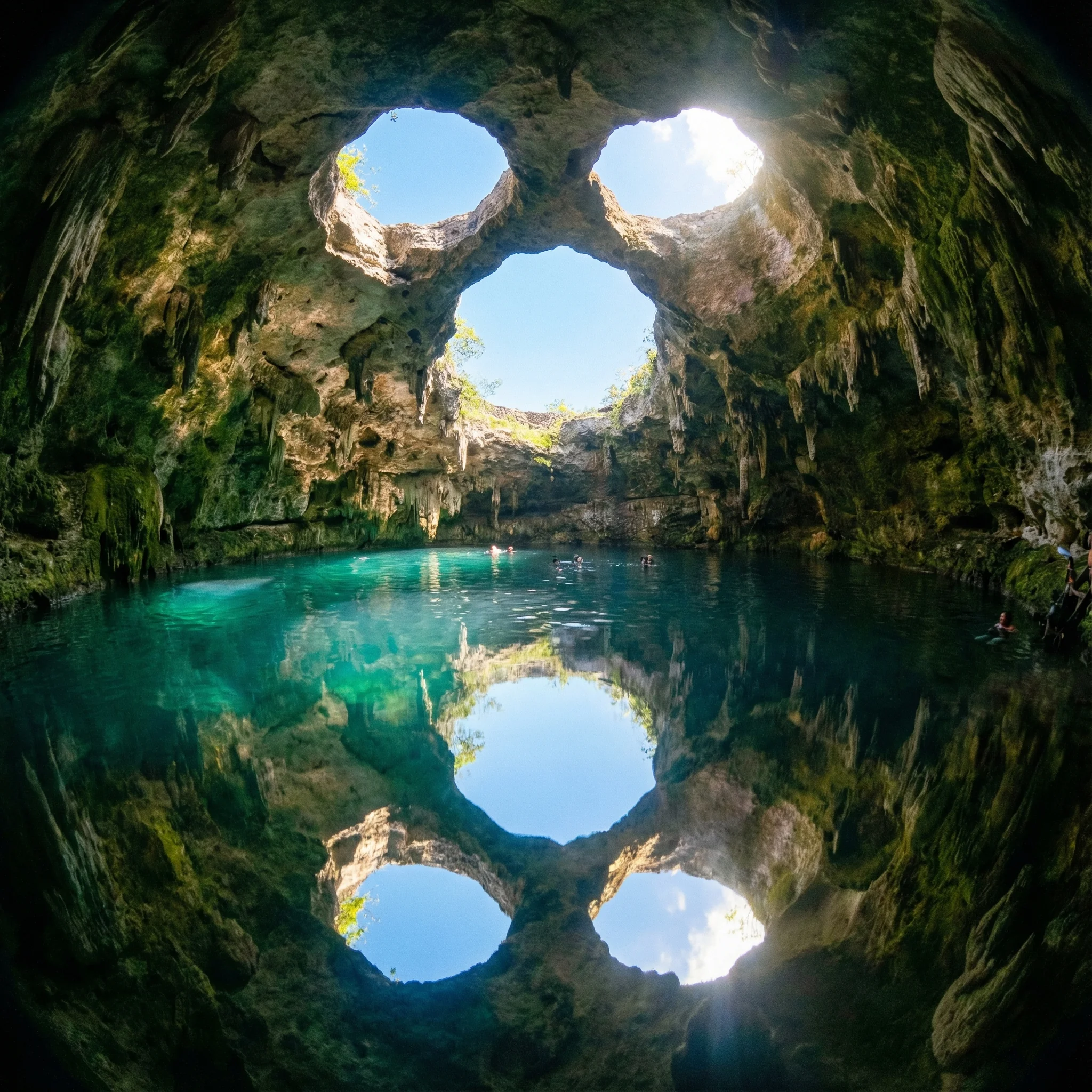 Looking up through the 'skull' holes of Cenote Calavera