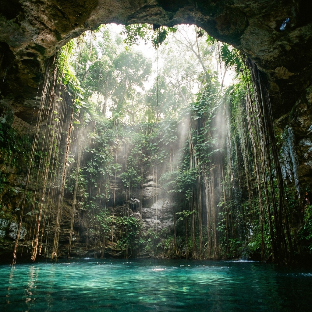 Looking up from the water at the hanging vines and sunlight in Cenote Ik Kil.