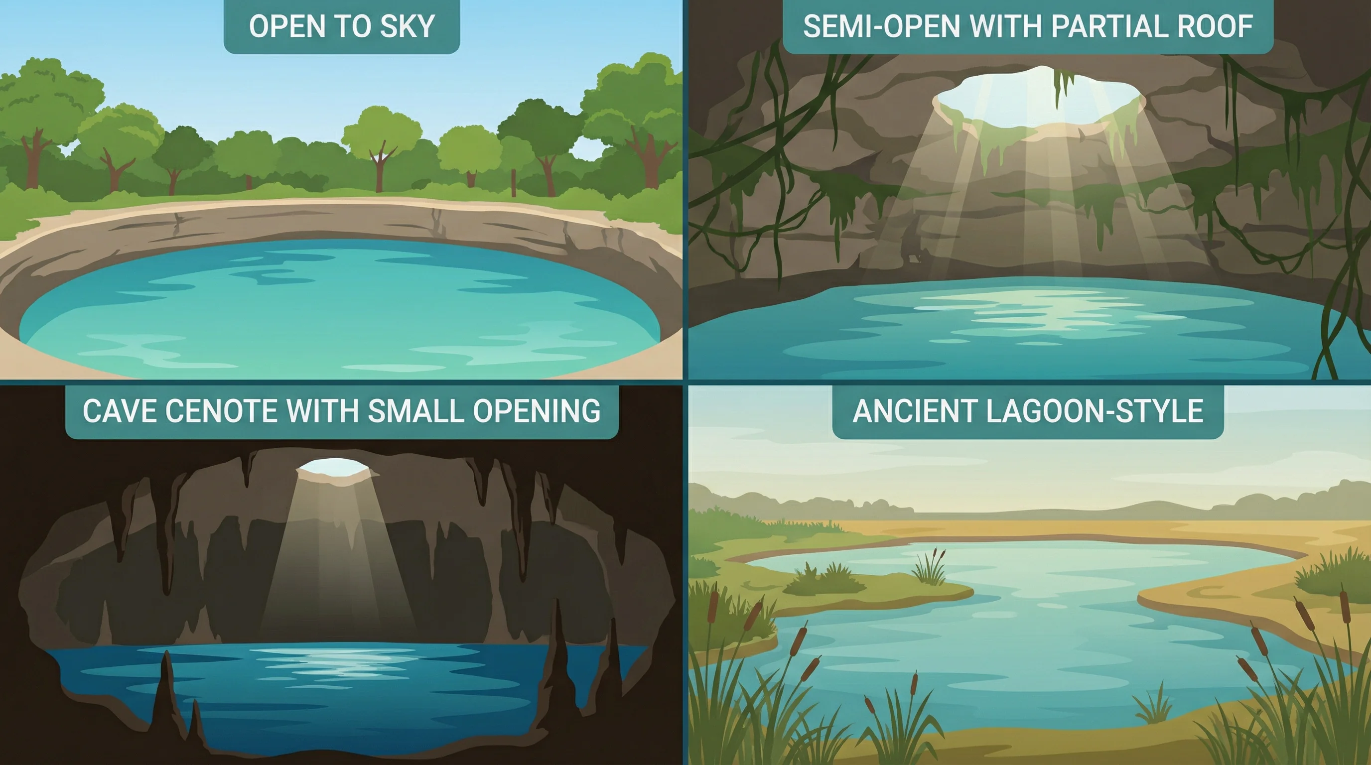 Comparison of the four main types of cenotes: Open, Semi-Open, Cave, and Ancient