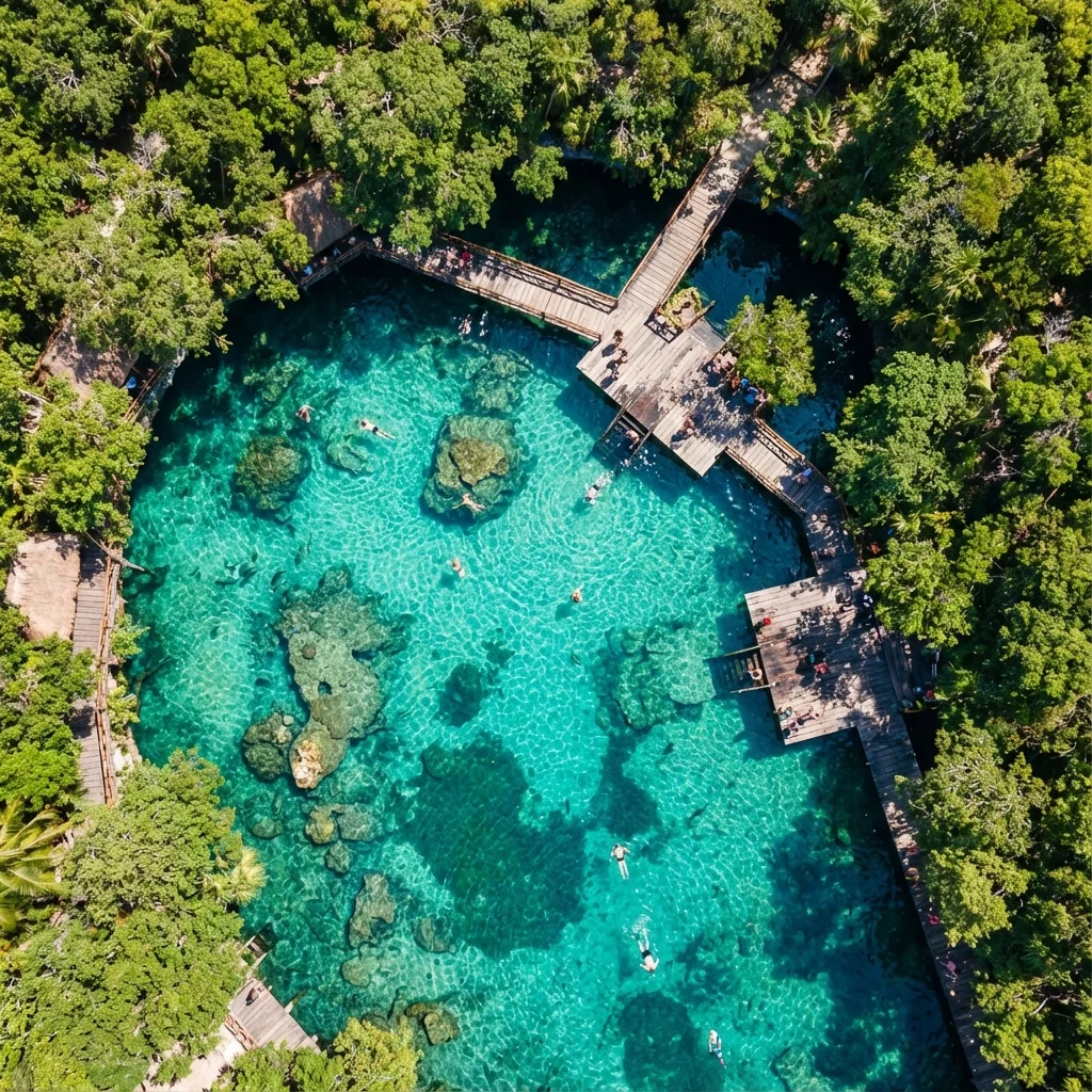 High altitude drone shot of the jungle surrounding Gran Cenote