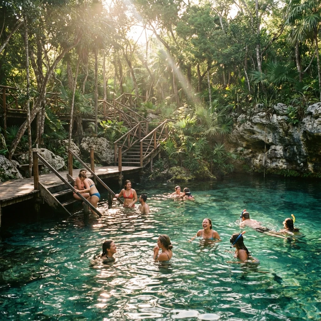 Aerial view of Gran Cenote's crystal clear waters