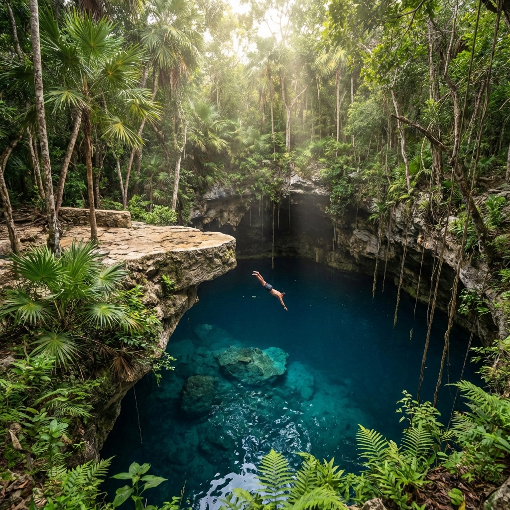 The iconic 12-foot cliff jumping platform at Cenote Jardín del Edén.